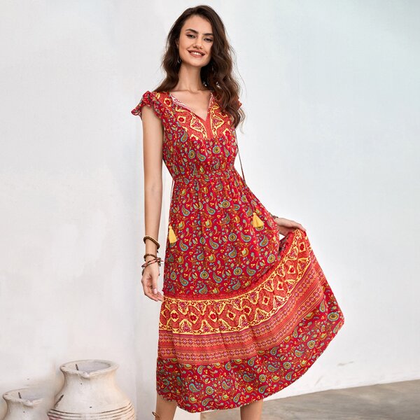 

Tie Neck Paisley Print Dress Without Belt, Multicolor