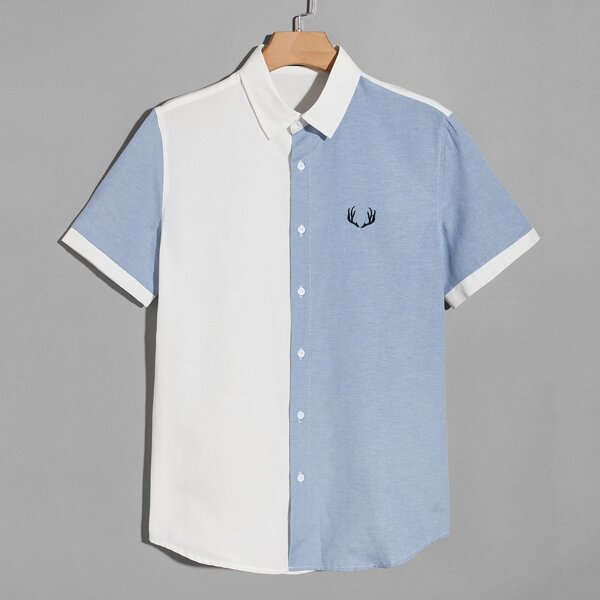 

Men Colorblock Embroidered Shirt, Blue and white