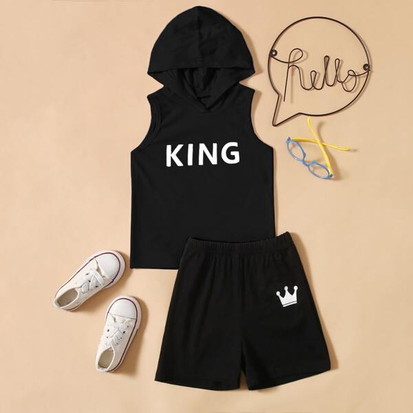 

Toddler Boys Letter Graphic Hooded Tank Top & Shorts, Black