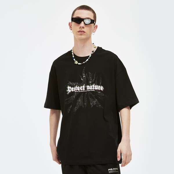 

Men Slogan & Cartoon Graphic Drop Shoulder Tee, Black