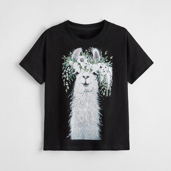 

Alpaca Print Crew Neck Tee, Black