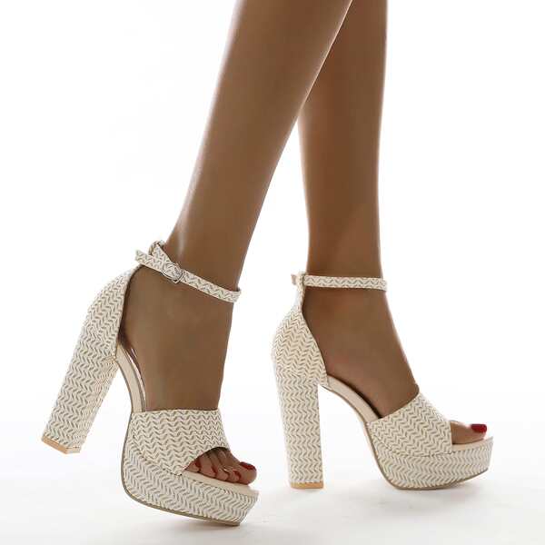 

Chevron Pattern Ankle Strap Platform Chunky Sandals, Beige