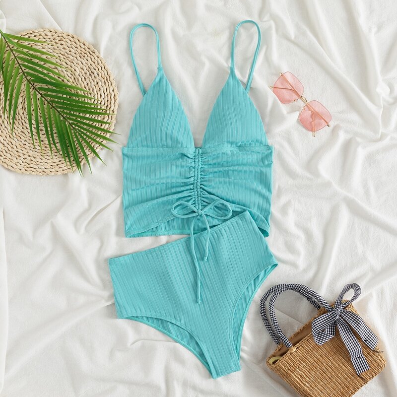 

Drawstring Front High Waisted Bikini Swimsuit, Mint blue