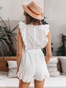 Simplee Eyelet Embroidered Ruffle Trim Belted Romper - White - View 2