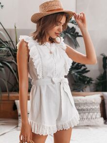 Simplee Eyelet Embroidered Ruffle Trim Belted Romper - White - View 3