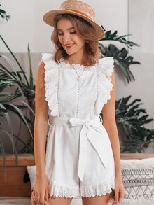 Simplee Eyelet Embroidered Ruffle Trim Belted Romper - White - View 4