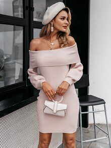 Simplee Lantern Sleeve Rib-knit Bardot Jumper Dress - Baby Pink - View 4