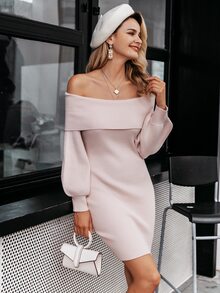 Simplee Lantern Sleeve Rib-knit Bardot Jumper Dress - Baby Pink - View 5