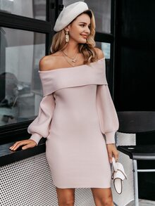 Simplee Lantern Sleeve Rib-knit Bardot Jumper Dress - Baby Pink - View 7