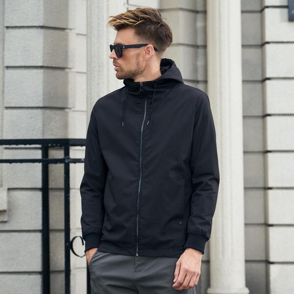 

Men Zip Up Hooded Jacket, Black