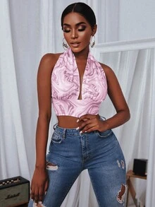 SHEIN Slayr 大理石圖案繞頸上衣 - 紫色 - 查看 3