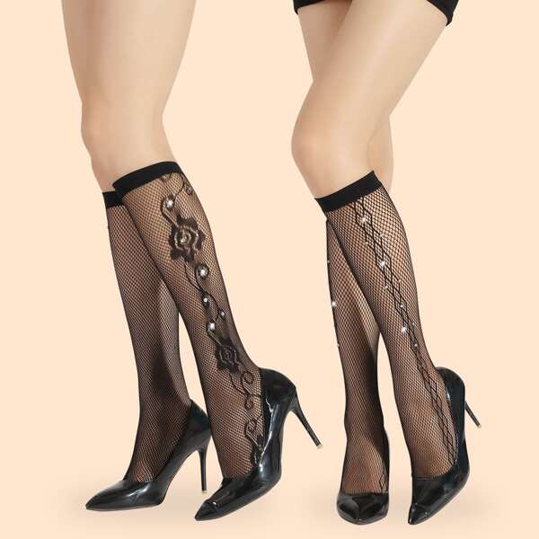 

2pairs Rhinestone Decor Fishnet Socks, Black