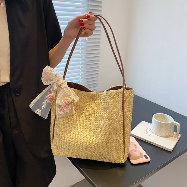 

Bow Decor Straw Design Shoulder Tote Bag, Khaki
