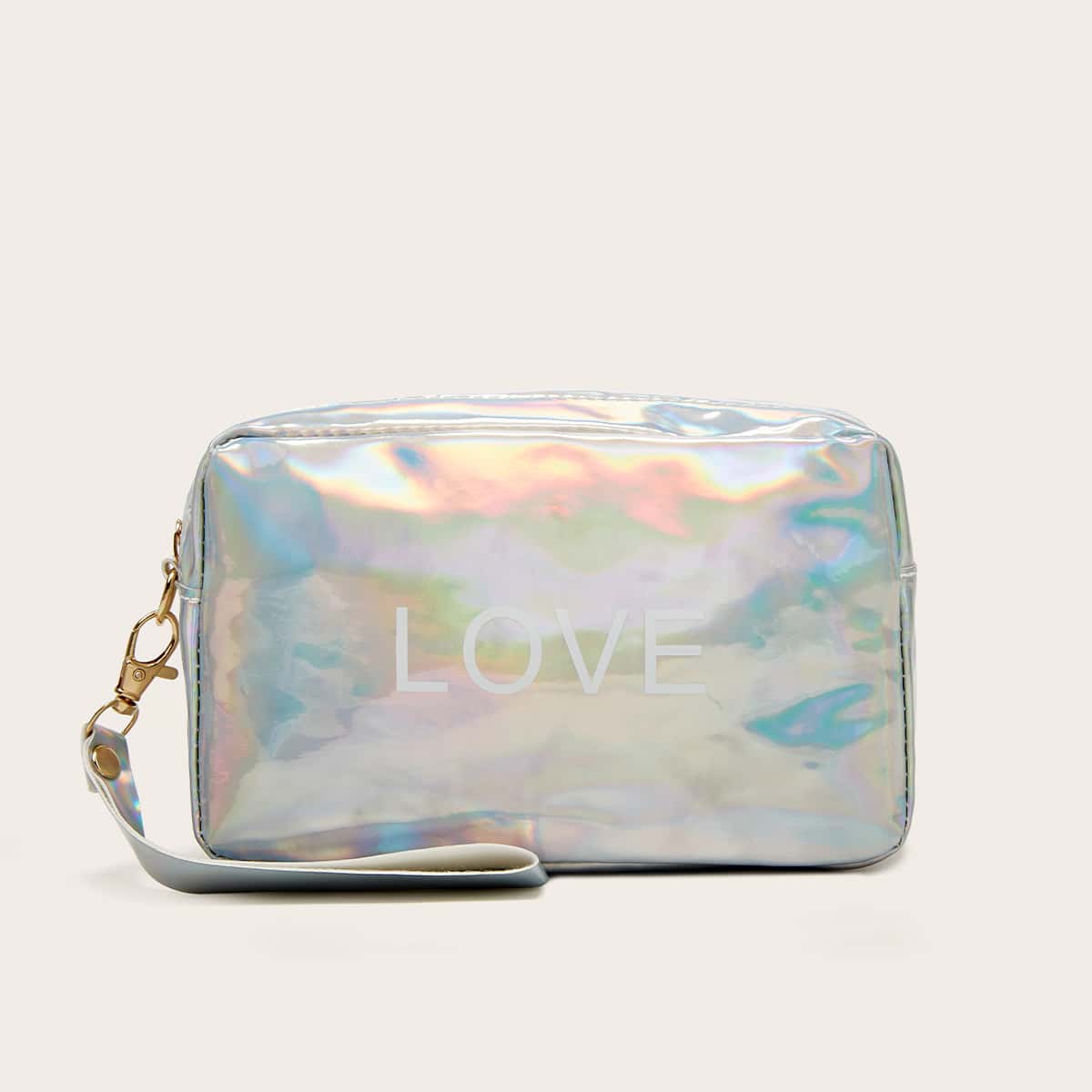 

Holographic Letter Graphic Clutch Bag, Silver