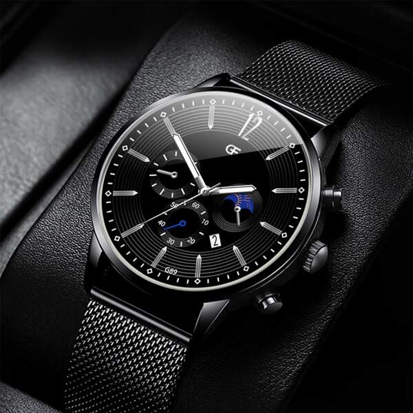 

Мужские кварцевые часы с тройным циферблатом и сетчатым ремешком