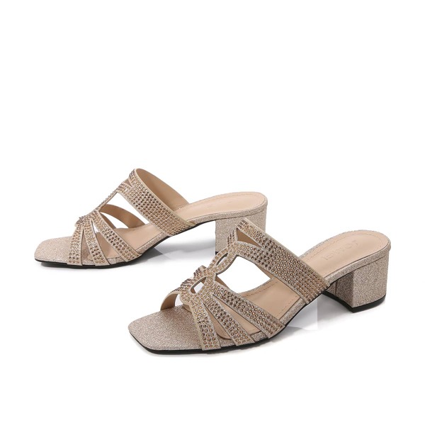 

Rhinestone & Glitter Decor Chunky Heeled Mules, Champagne