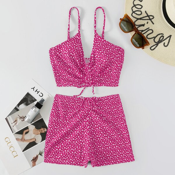 

Ditsy Floral Drawstring Front Shorts Bikini Swimsuit, Hot pink