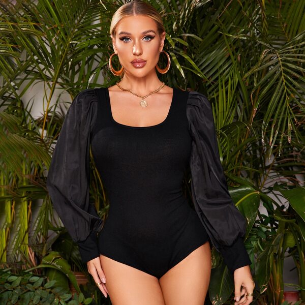

Solid Bishop Sleeve Bodysuit, Black