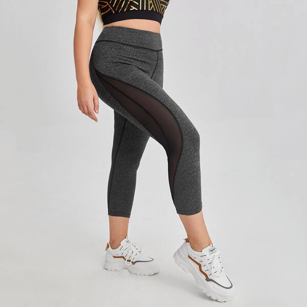 

Plus Mesh Panel Capris Sports Leggings, Dark grey
