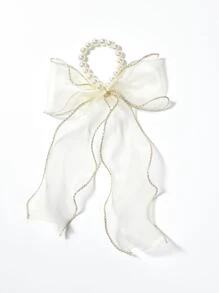 Faux Pearl Decor Scarf Hair Tie - Beige - View 1