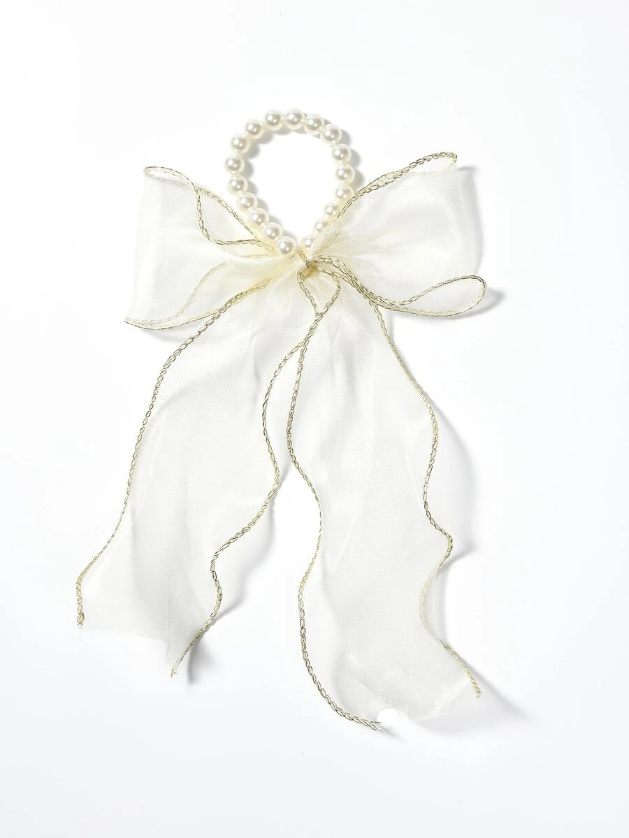 Faux Pearl Decor Scarf Hair Tie - Beige - View 1