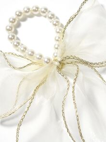 Faux Pearl Decor Scarf Hair Tie - Beige - View 3