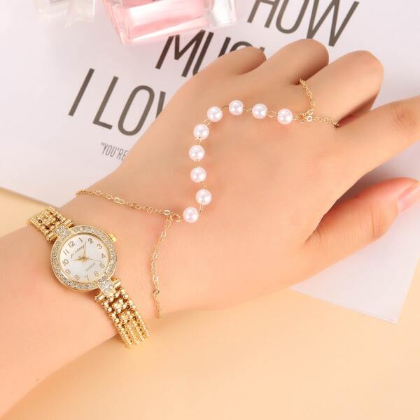

1pc Rhinestone Decor Round Pointer Quartz Watch & 1pc Faux Pearl Bracelet