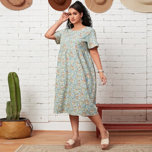 

Plus Allover Floral Smock Dress, Multicolor