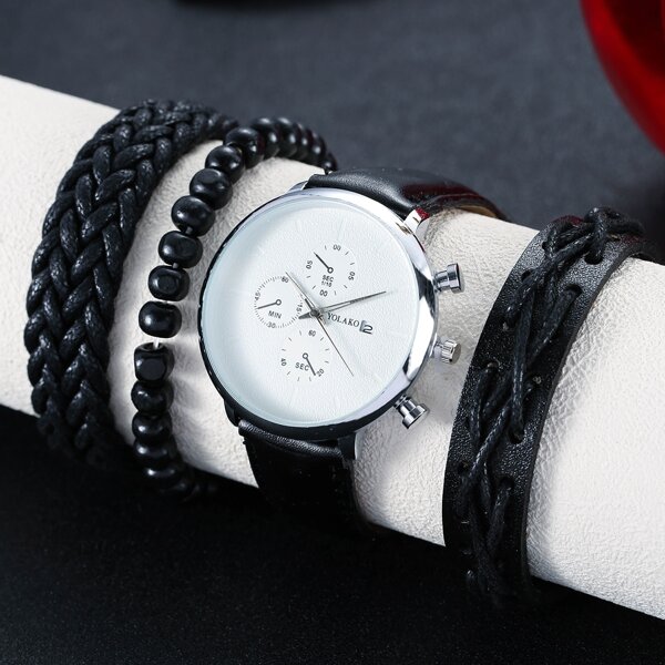 

1pc Triple Dial Round Pointer Quartz Watch & 3pcs Bracelet