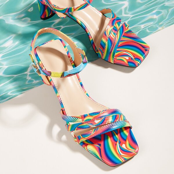 

Allover Graphic Chunky Heeled Strappy Sandals, Multicolor