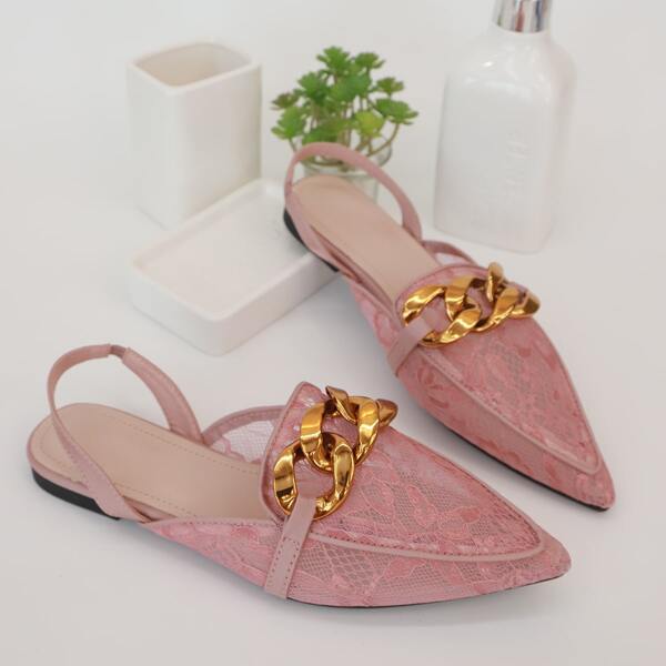 

Chain Decor Lace Slingback Flats, Pink