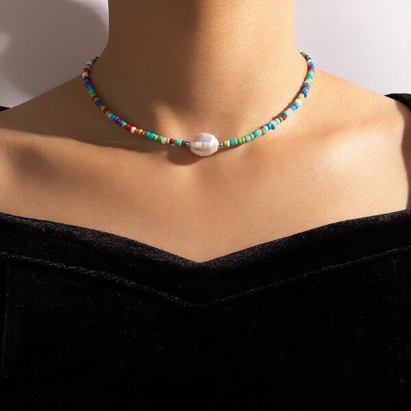 

Faux Pearl Decor Beaded Necklace, Multicolor