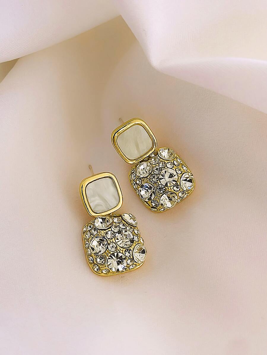 Andkiss Rhinestone Geo Decor Earrings - White - View 1