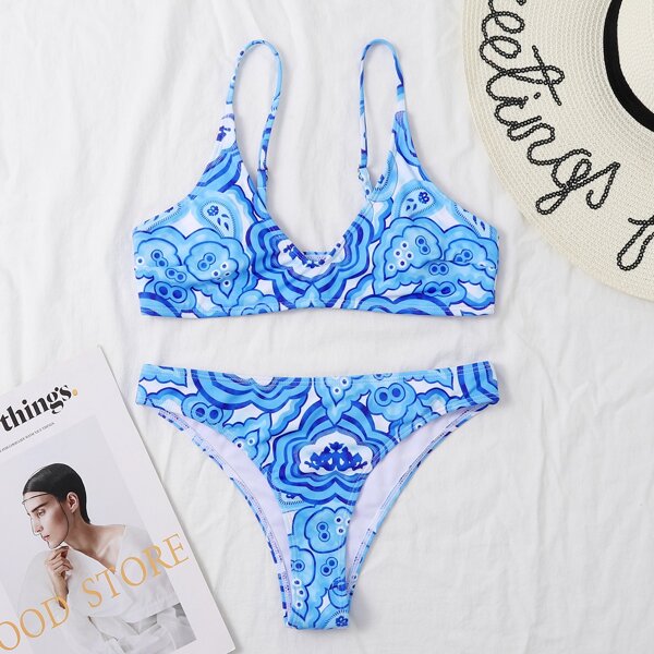 

Allover Print Bikini Swimsuit, Blue