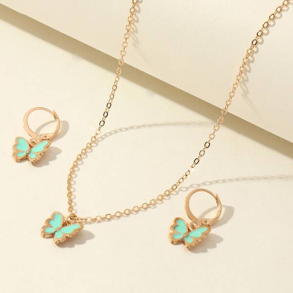 

3pcs Girls Butterfly Pendant Jewelry Set, Green