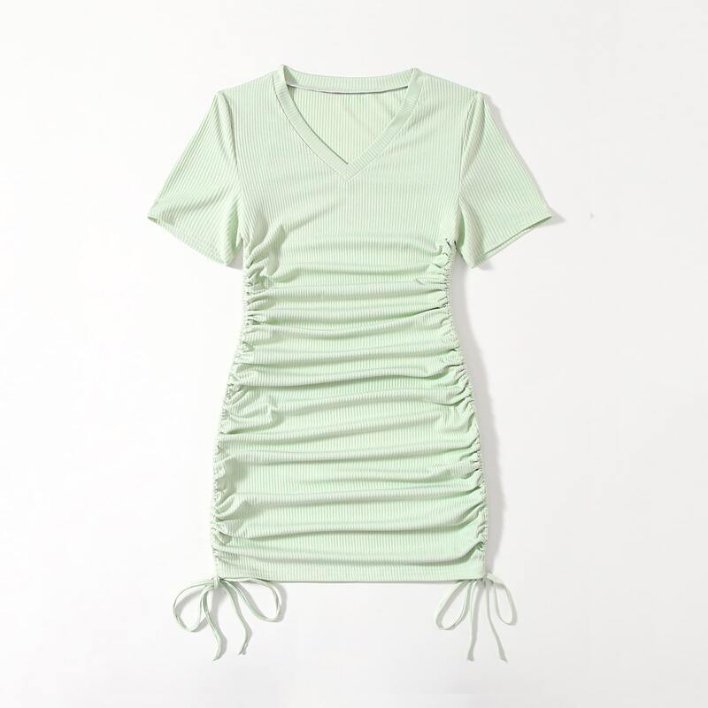 

Solid Ribbed Drawstring Ruched Dress, Mint green