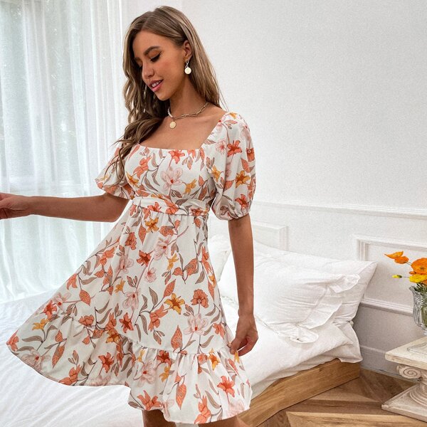 

Allover Floral Square Neck Puff Sleeve A-line Dress, Multicolor