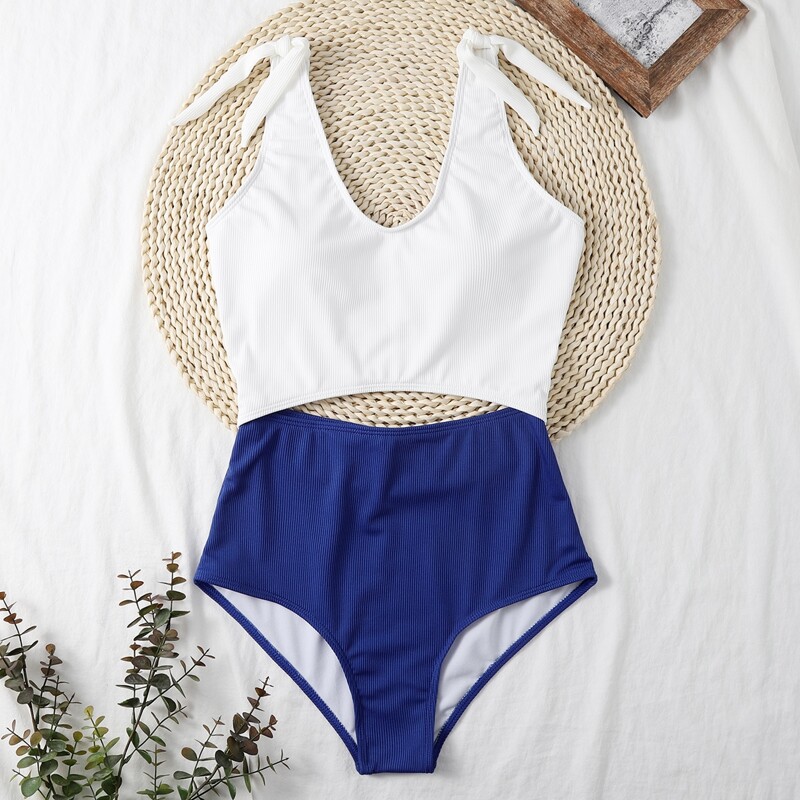 

Color Block Rib Cut-out One Piece Swimsuit, Blue and white