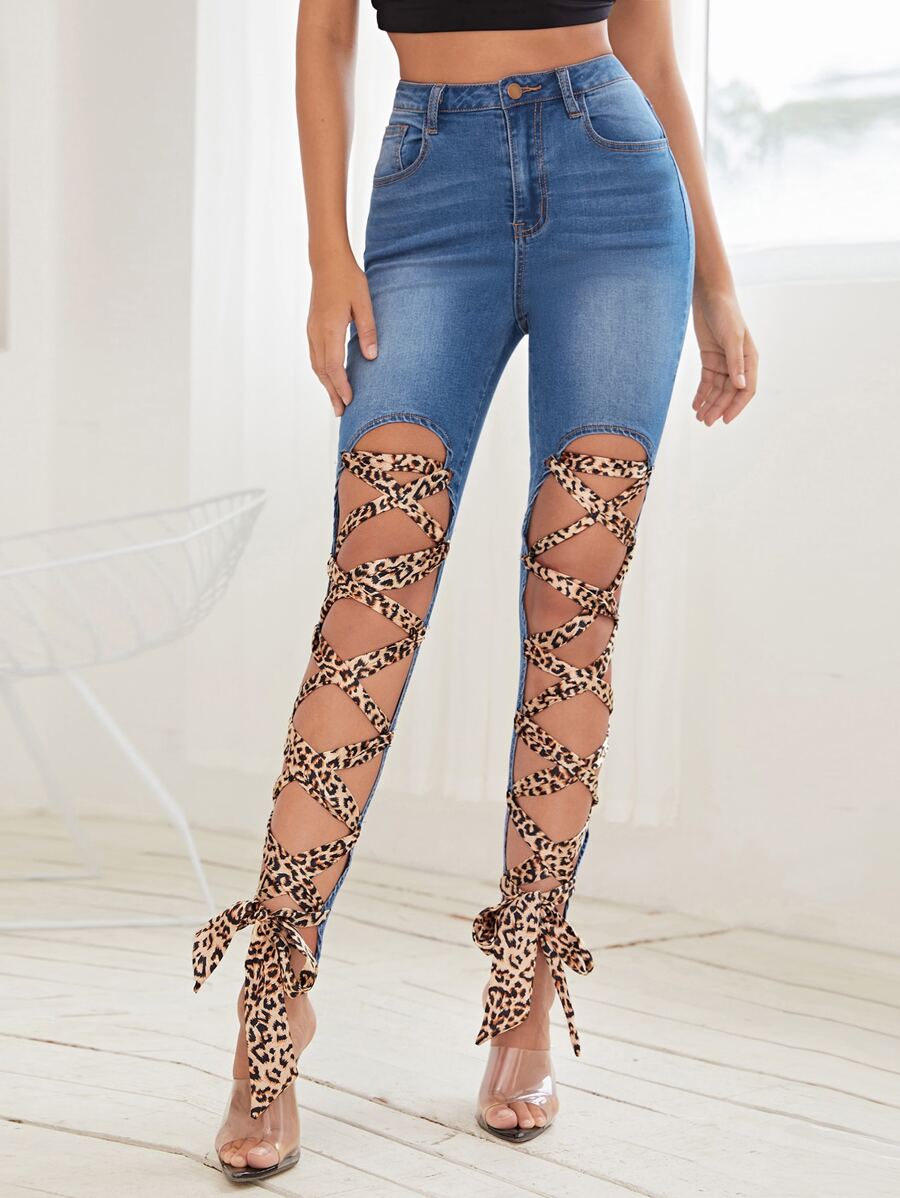 High Waisted Leopard Lace Up Front Skinny Jeans - Medium Wash - View 1
