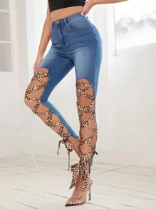 High Waisted Leopard Lace Up Front Skinny Jeans - Medium Wash - View 4