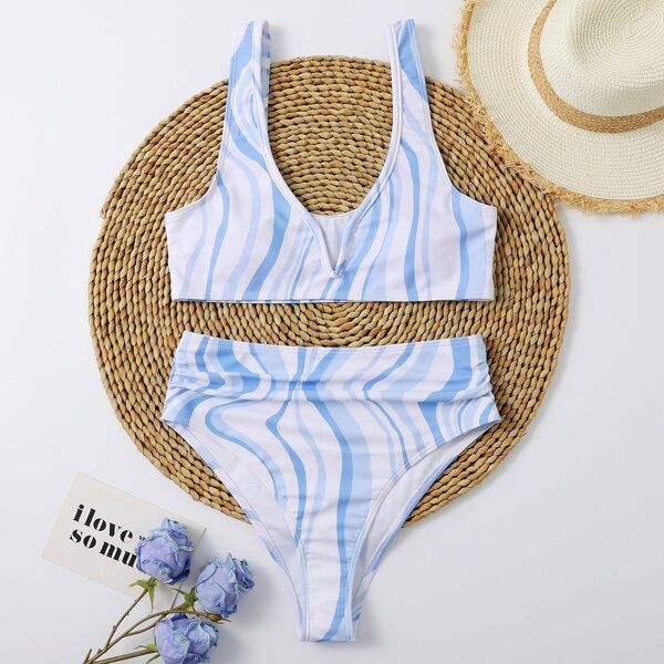 

Wave Print V Wired Bikini Swimsuit, Baby blue