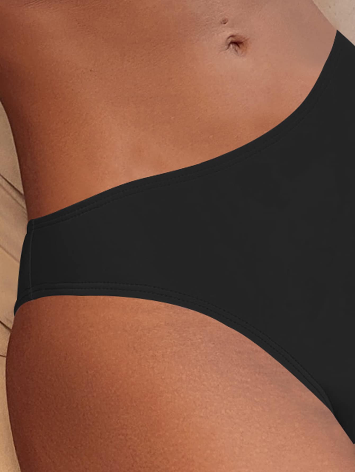 Swim Vcay Summer Beach Plain V Neck Bikini - Black - View 4