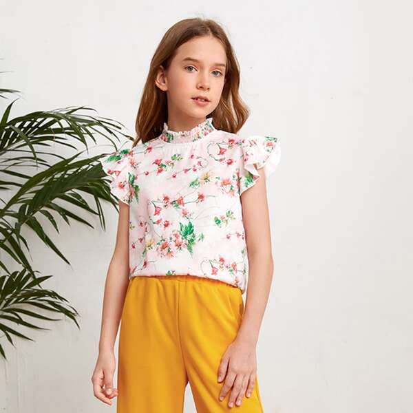 

Girls Mock-Neck Ruffle Sleeve Floral Print Blouse, White