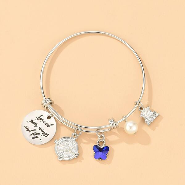 

Faux Pearl Charm Bangle, Silver
