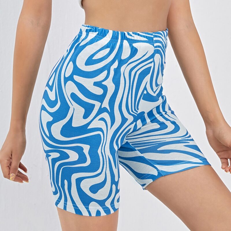 

Marble Print Biker Shorts, Blue and white