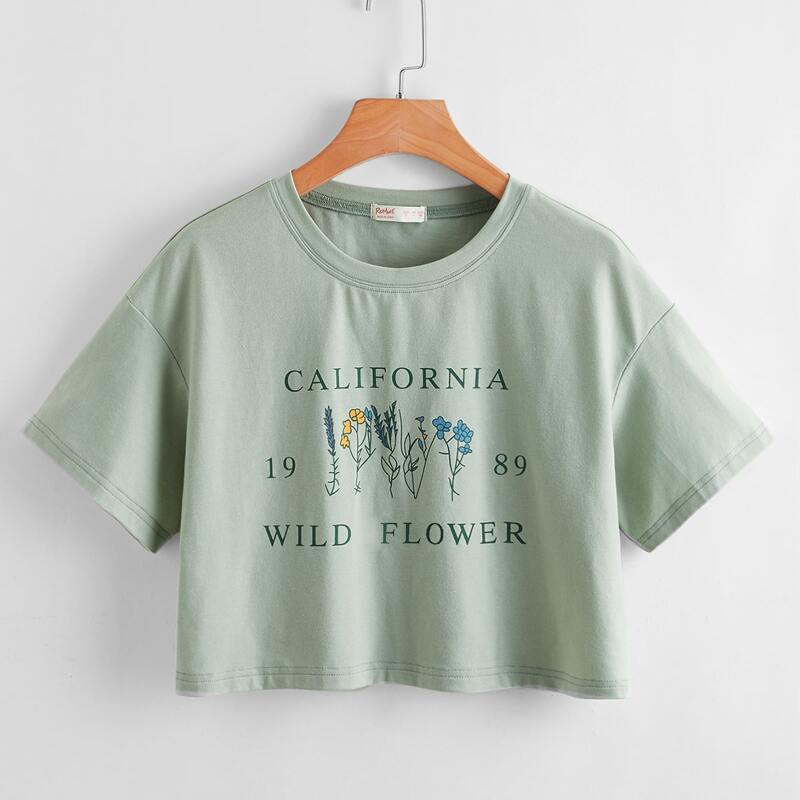 

Letter Floral Graphic Boxy Tee, Mint green