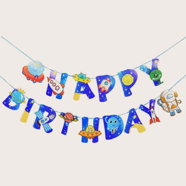 

1set Outer Space Theme Birthday Pull Flag, Multicolor