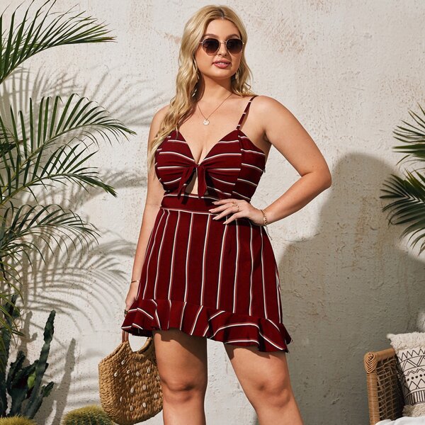 

Plus Knot Front Striped Cami Dress, Burgundy