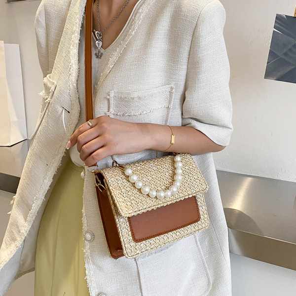 

Faux Pearl Decor Straw Design Satchel Bag, Khaki