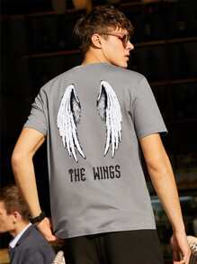 Camiseta con estampado de letra y ala - Gris - Ver 1